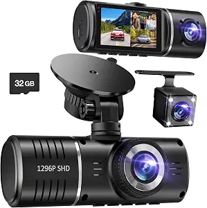 Dash Cam Front and Rear, 1296P Dash Camera for Cars, 3 Channel Car Camera Front Rear and Inside with 32GB Card, Loop Recording, Night Vision, HDR, 24Hr Parking, G-Sensor