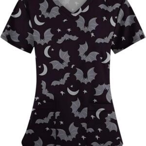 Halloween Scrubs Tops Women Print V Neck Short Sleeve Medical Nurse Shirts | Halloween scrub tops women, bat ghost skull print V-neck short sleeve nurse shirts with pockets, stretchy, plus size