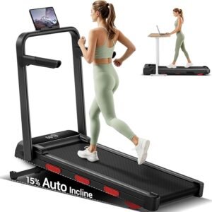 Walking Pad Treadmill with 15% Auto Incline and Elevated Handle Bar | 12-Level Incline, Compact, Portable, Foldable, Small, Under Desk, Quiet 3HP Brushless, 7.5MPH, 330LBS, 90% Pre-assembled