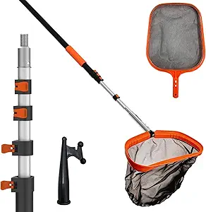 4-in-1 Pool Skimmer Net with Pole, Heavy Duty Pool Net and Fine Mesh Leaf Skimmer Net for Above Ground Pool, 16FT Telescopic Pool Pole with Professional Pool Net and Pool Hook for Cleaning