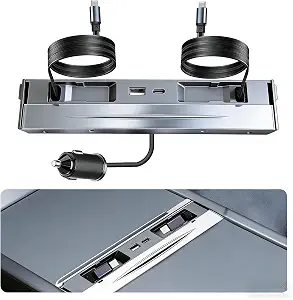 130W USB Hub for Tesla Model 3 Highland 2024 2026 Model Y Juniper 2025 2026, 65W+45W Dual Type-C Retractable Cables 4 in 1 Multi Port Fast Charger Docking