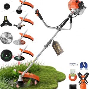 52cc Gas Weed Eater, 4-in-1 Weed Wacker Brush Cutter, Orange | aluminum alloy shaft, 18 in path, 0.095 in line, gloves goggles oil bottle tool kit, 3T 40T wood blade