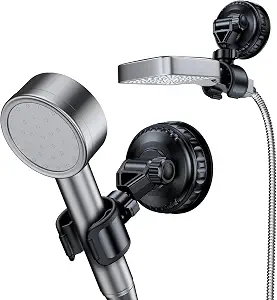 Adjustable Shower Head Holder Suction Cup,No Drill,Large Size | Shower Wand Holder with 360° Swivel,Extended Arm & 10kg Load Capacity,For Bathroom,RV & Rental Space&Kids/Pets/Elderly