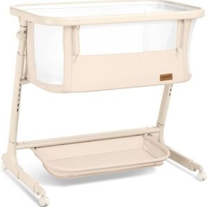 ANGELBLISS Electric Baby Bassinet, Auto Rocking Bedside Sleeper, 6 Heights with Mattress, Washable Sheet, Remote Control, 5 Speeds, 3 Timers, 12 Sounds, Wheels & Storage, Beige