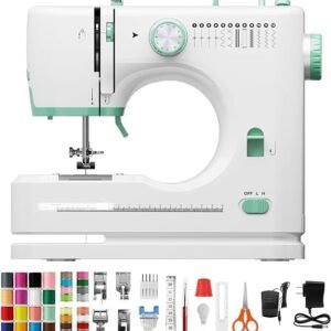 Rxmeili 12-Stitch Portable Sewing Machine for Beginners with 42-Piece Kit | Green Plug-In Mini Sewing Machine for Beginners, Reverse Sewing, 2-Speed, Foot Pedal, Light, Drawer for DIY Clothes & Crafts