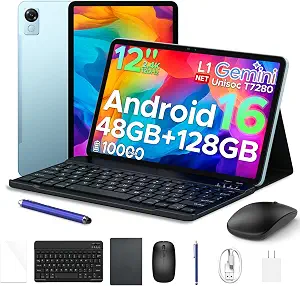 P12 12 Inch 2.4K Android 16 Tablet with Gemini AI, 120Hz Display, UNISOC T7280 Octa Core, 48GB RAM+128GB Storage, 10000mAh, Face ID, GPS, Widevine L1, Tablet with Keyboard, Pen, Blue
