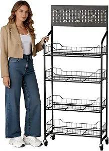 4-Tier Metal Display Rack Large Snack Shelving Unit with Hanging Panels and 12 Hooks 4 Casters for Easy Mobility Freestanding Display Unit Ideal for Supermarkets and Retail Stores (55H*23.68W*10.4D)
