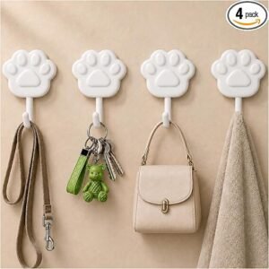 Cute Paw Self Adhesive Wall Hooks, Decorative Hooks for Walls No Damage 4lb | Small White Stick on Hooks for Keys, Dog Leashes, Towels and Bags, Ideal for Bathrooms, Kitchens, Entryways, Closets and RVs