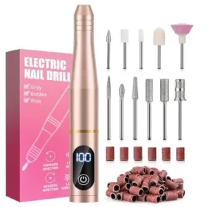 Professional Cordless Nail Drill Kit for Gel & Acrylic Nails, Electric Nail File with 5 Metal Bits, 30 Sanding Bands & Dust Cover - Manicure Pedicure, Callus Removal, Salon & Home Use (Gold)