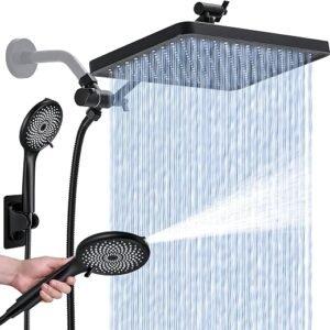 Shower Head with Handheld, Built-in Power Wash Mod High Pressure Rain Showerhead Spray Combo Set, Adjustable 13" Dual Tandem Shower Heads - Matte Black